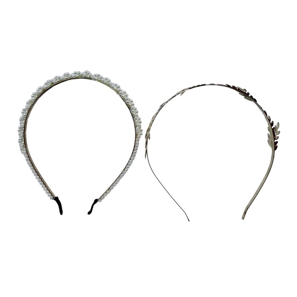 Pair Of Dressy Headbands - Gold Tone Leaf Pattern And Twisted Faux Pearl (5569)
